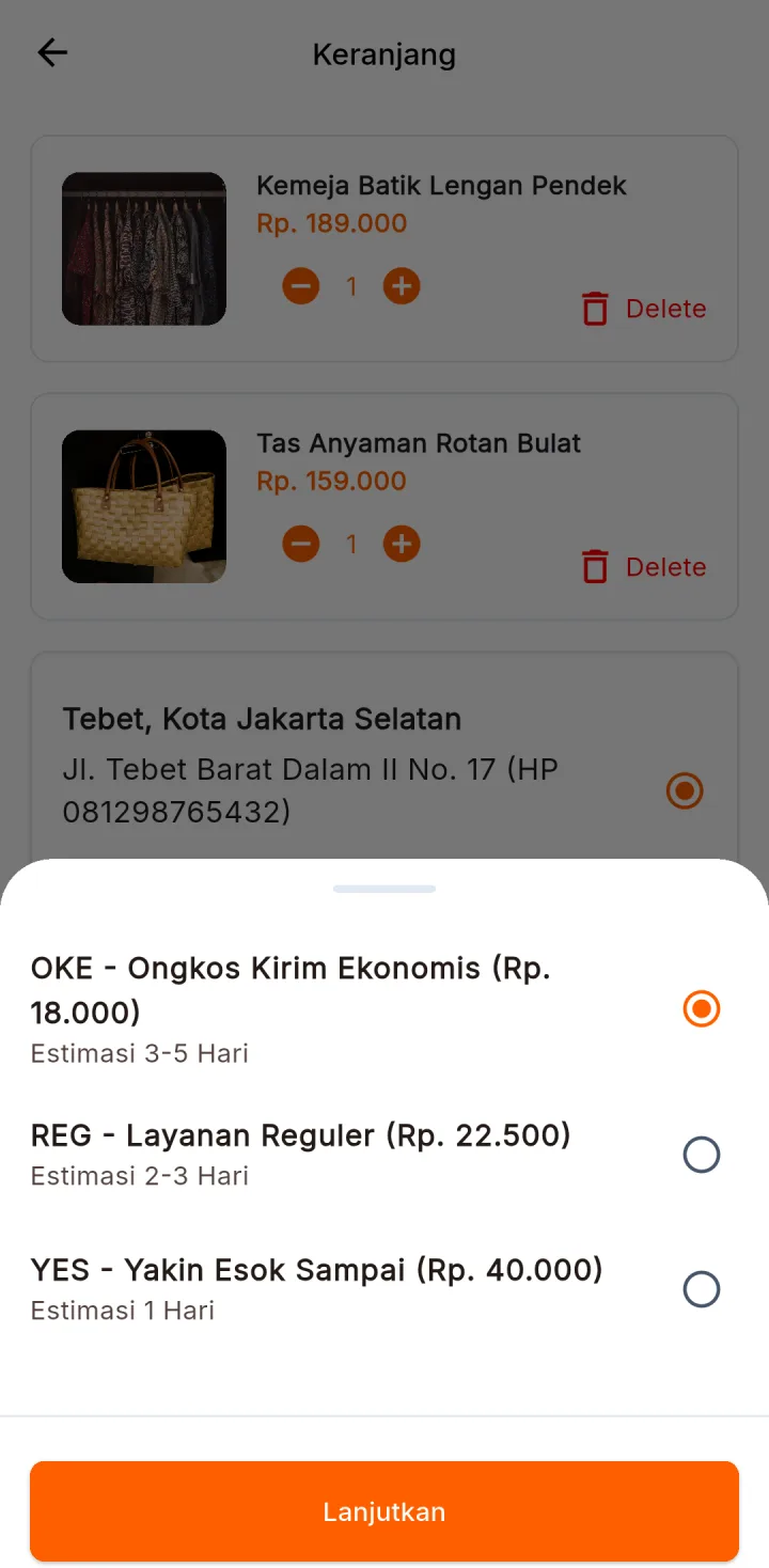 Tampilan Marketplace Multi-Toko: Ongkir muncul setelah alamat dipilih.