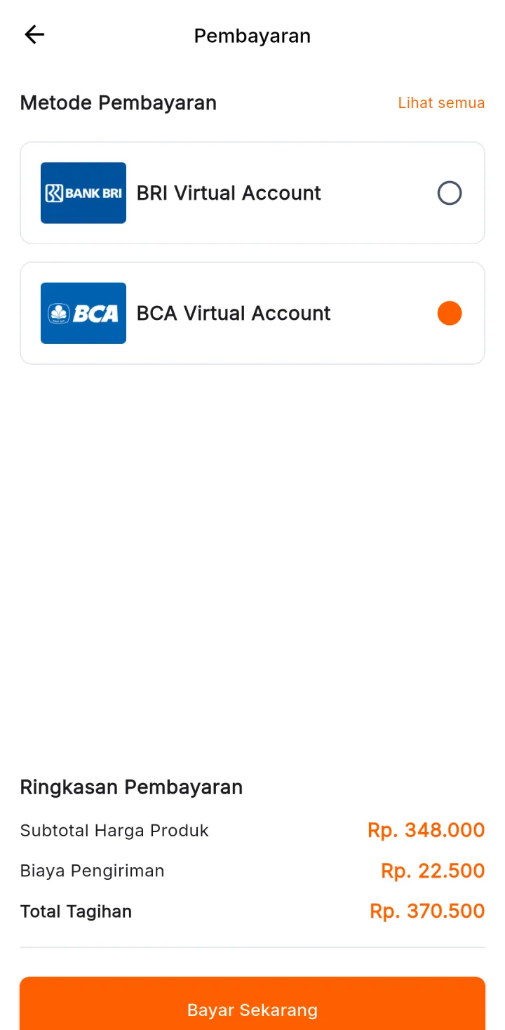 Tampilan Marketplace Multi-Toko: Bayar lewat virtual account bank pilihan.