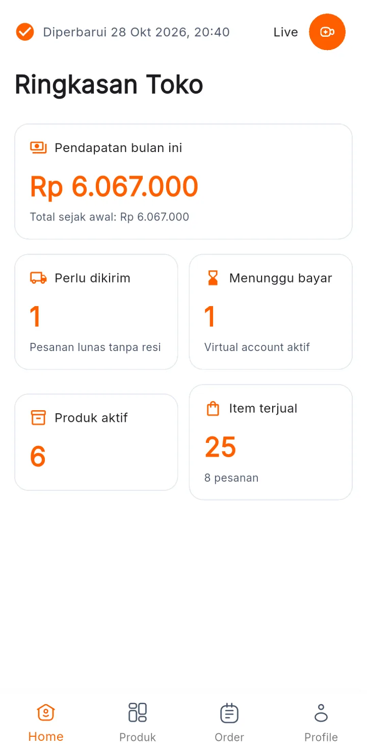 Tampilan Marketplace Multi-Toko: Angka toko dari transaksi sebenarnya.