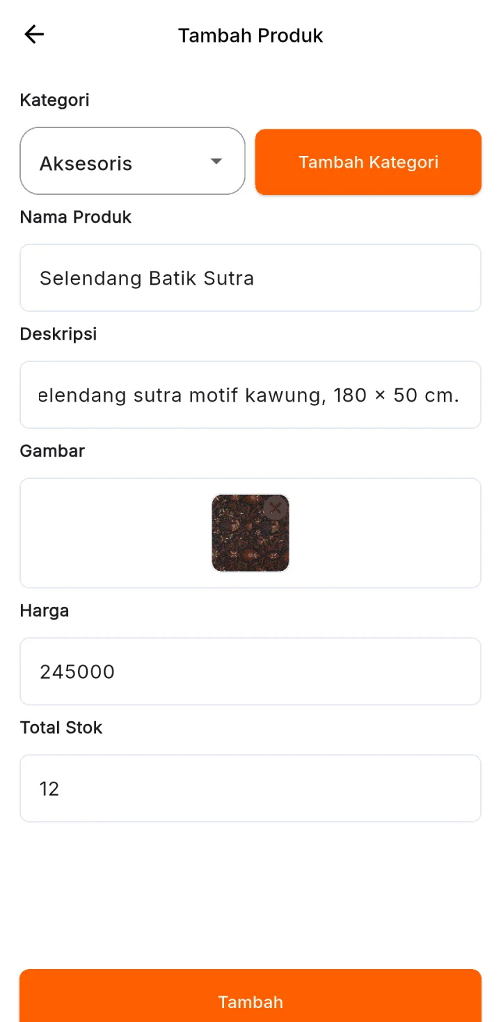 Tampilan Marketplace Multi-Toko: Tambah produk dengan foto dari galeri.