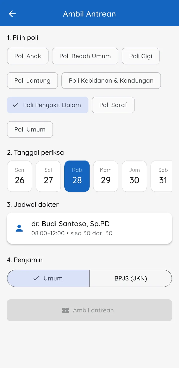 Tampilan MediPro Rumah Sakit: Pasien ambil antrean dari HP, dipanggil di layar TV.