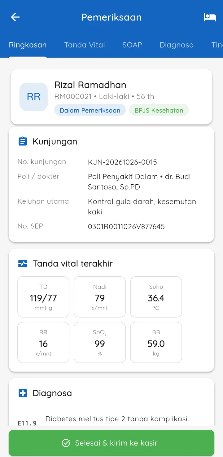 Tampilan MediPro Rumah Sakit: Dokter menulis rekam medis dari web atau HP.