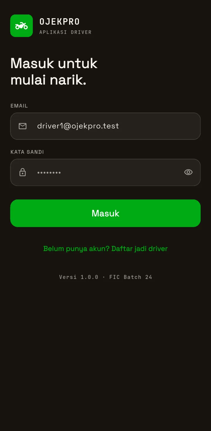 OjekPro — driver masuk, aplikasi HP