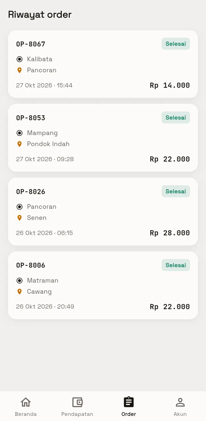 OjekPro — driver riwayat, aplikasi HP