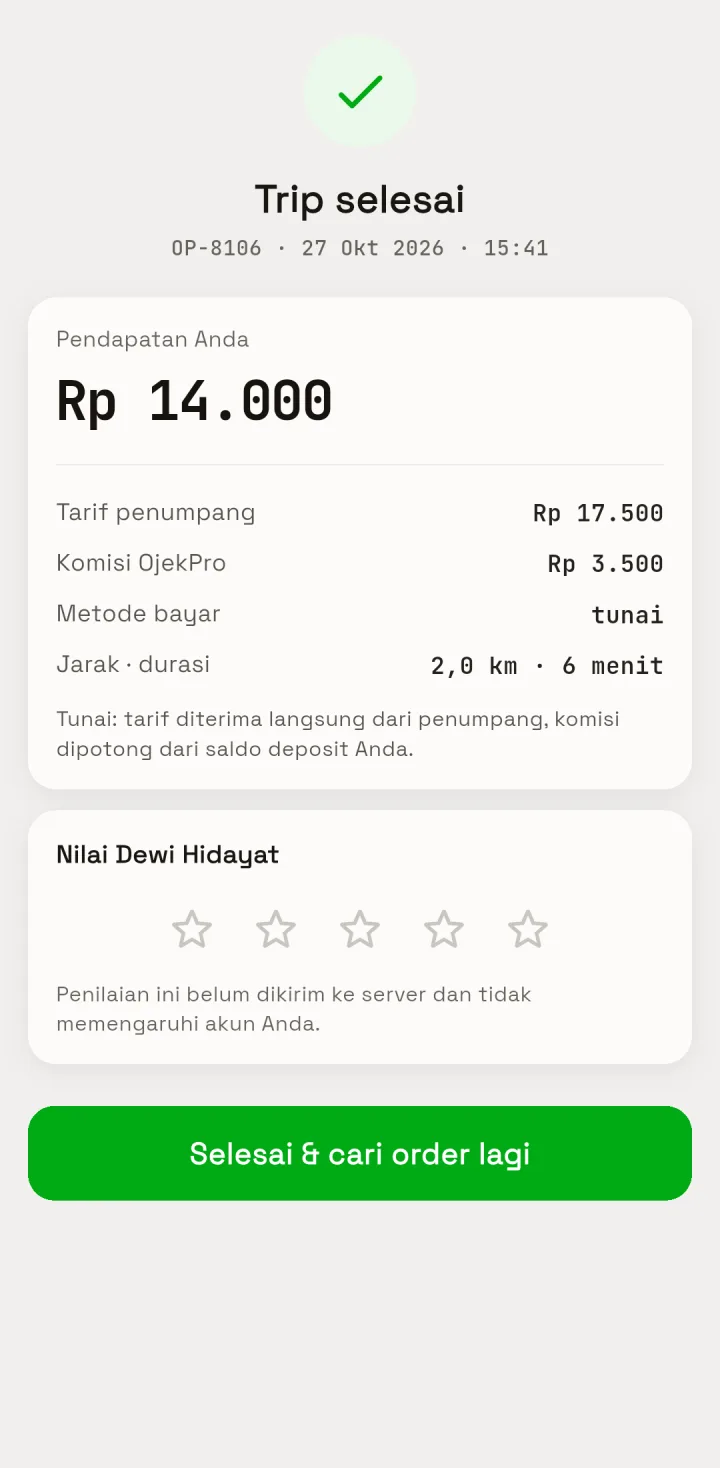 Tampilan OjekPro: Pendapatan, komisi, dan saldo deposit yang bisa dicek.
