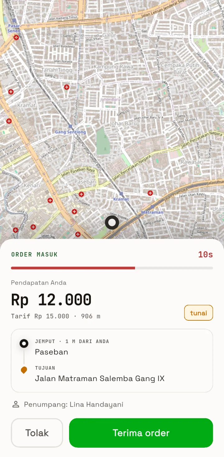 Tampilan OjekPro: Order masuk otomatis, dijawab dalam hitungan detik.
