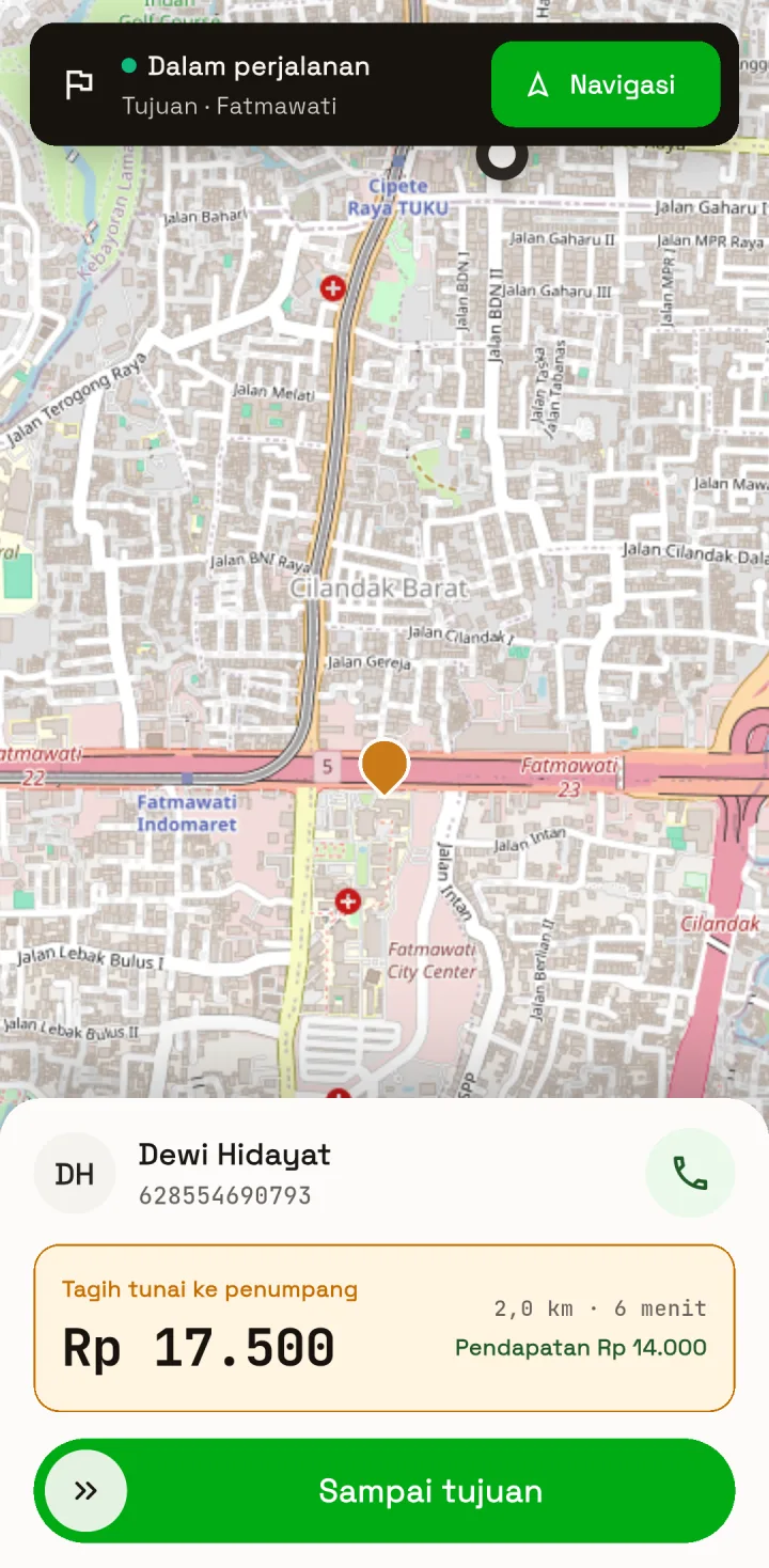 Tampilan OjekPro: Jemput, mulai, dan selesai tanpa salah tekan.