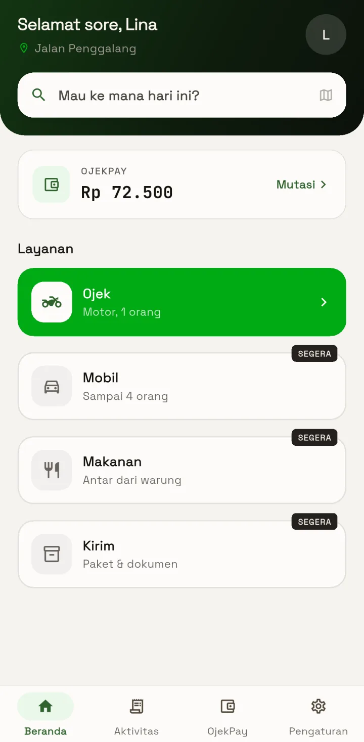 Tampilan OjekPro: Tarif terlihat sebelum menekan Pesan.