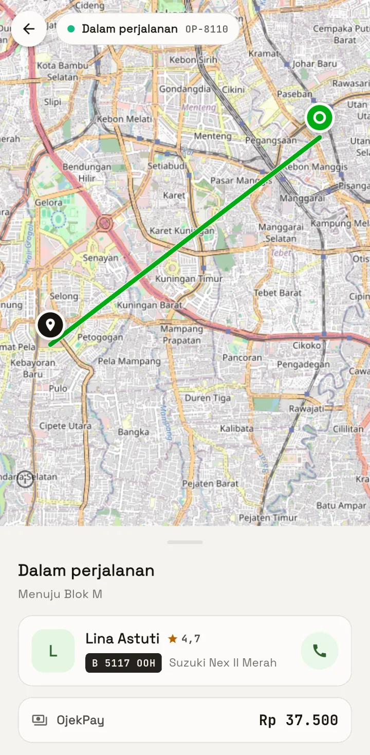OjekPro — penumpang dalam perjalanan, aplikasi HP