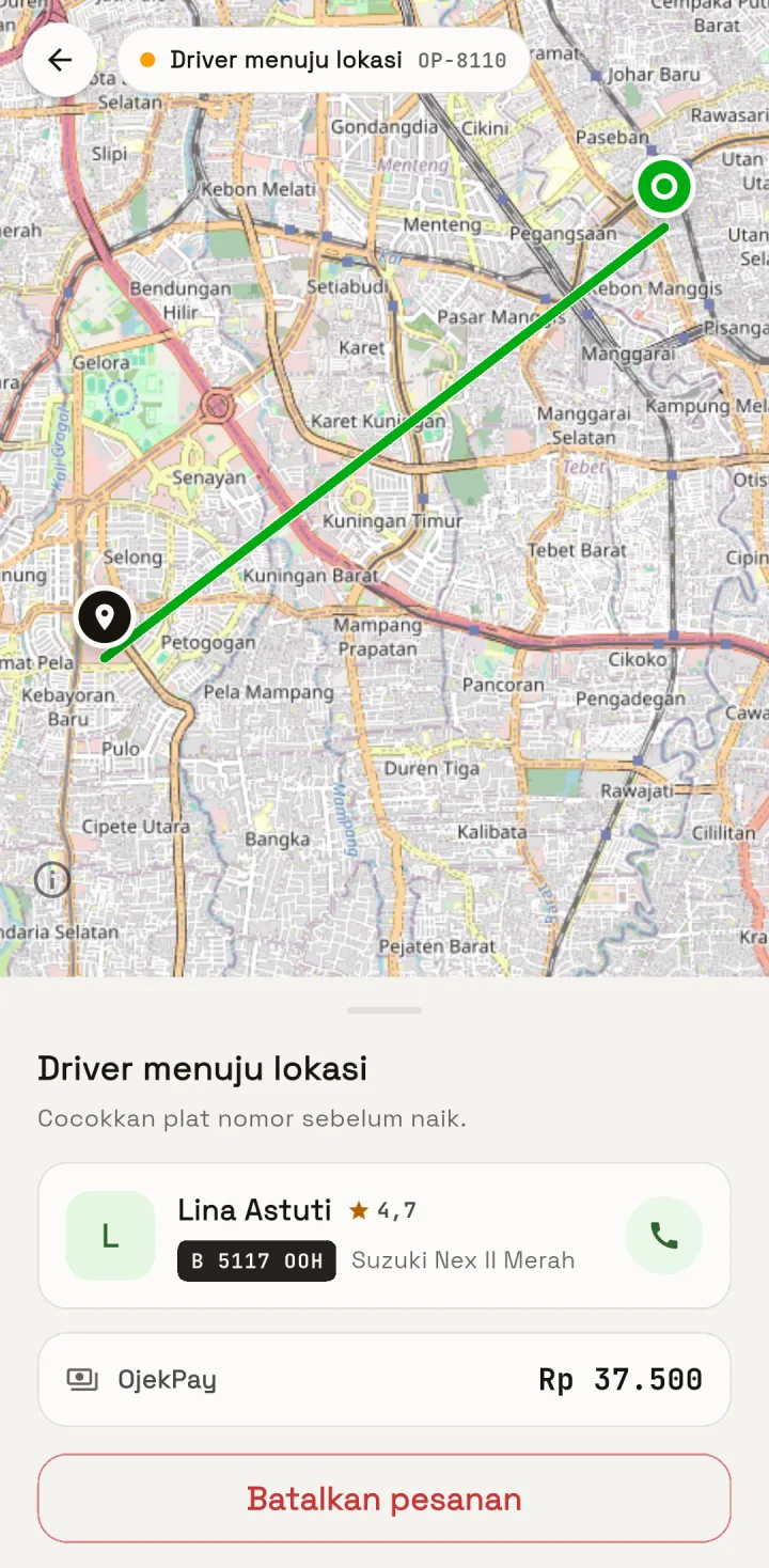 Tampilan OjekPro: Dari mencari driver sampai tiba di tujuan.