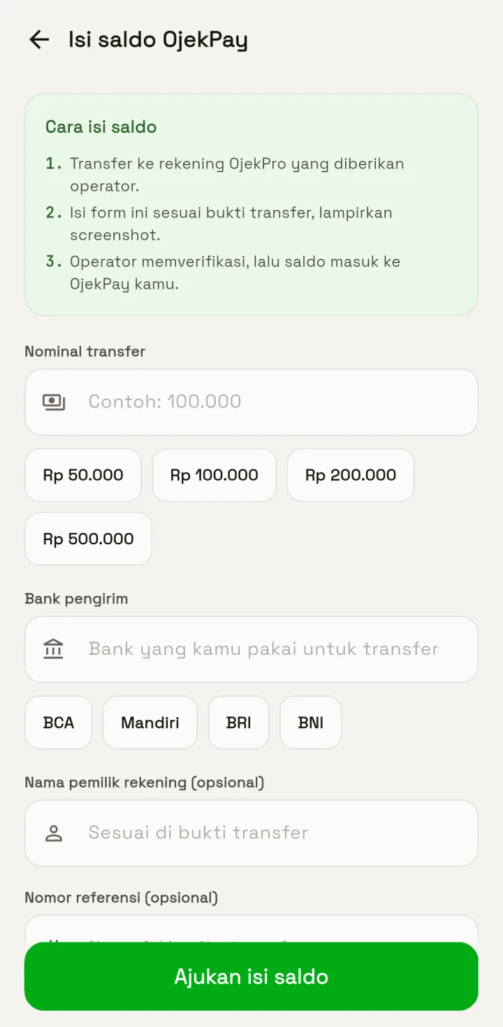 OjekPro — penumpang isi saldo, aplikasi HP