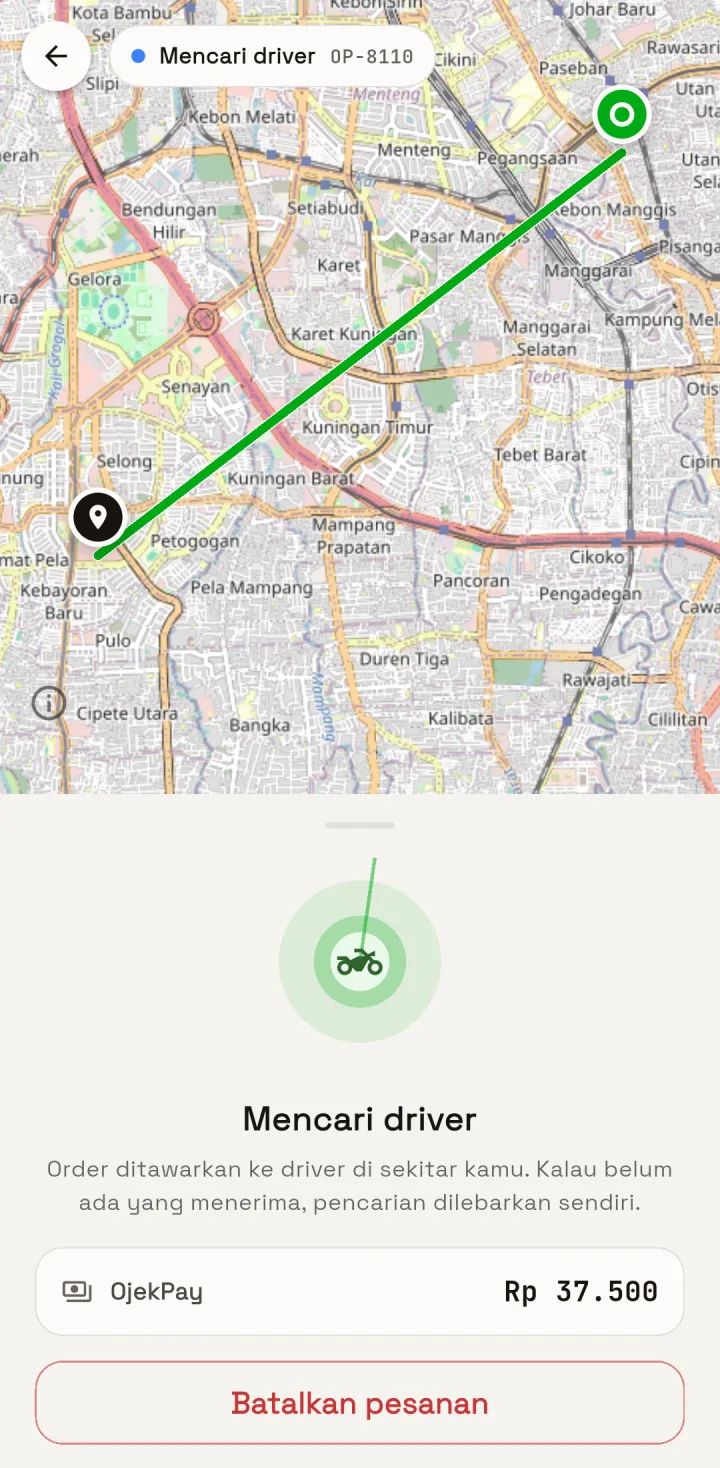 Tampilan OjekPro: Dari mencari driver sampai tiba di tujuan.
