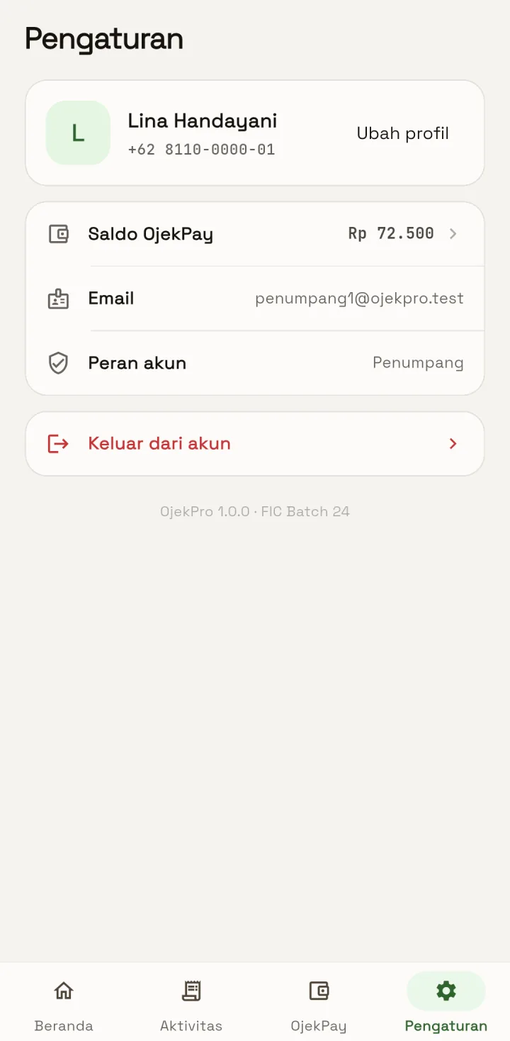OjekPro — penumpang pengaturan, aplikasi HP
