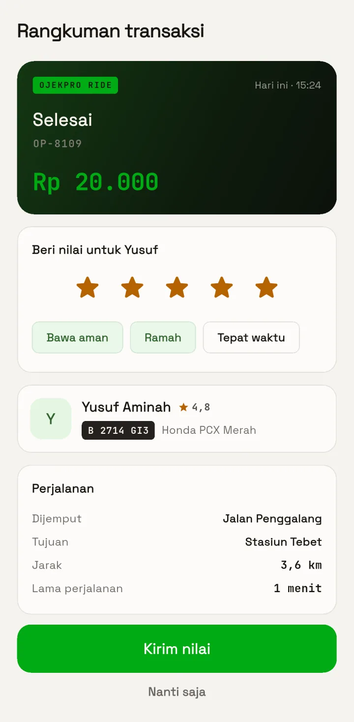 Tampilan OjekPro: Rangkuman trip dan saldo OjekPay.