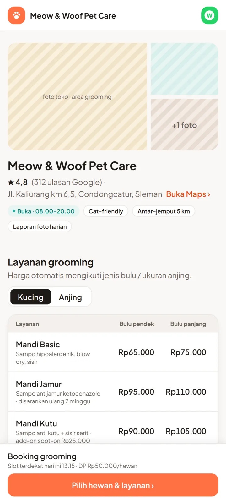 Tampilan PetPro: Pelanggan booking sendiri, harga mengikuti jenis bulu dan ukuran.