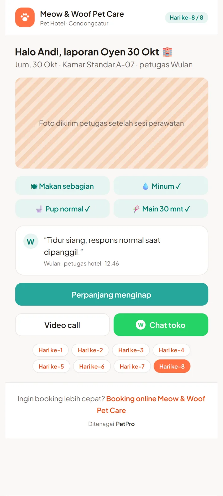 Tampilan PetPro: Laporan penitipan setiap hari, tanpa minta foto lewat chat.
