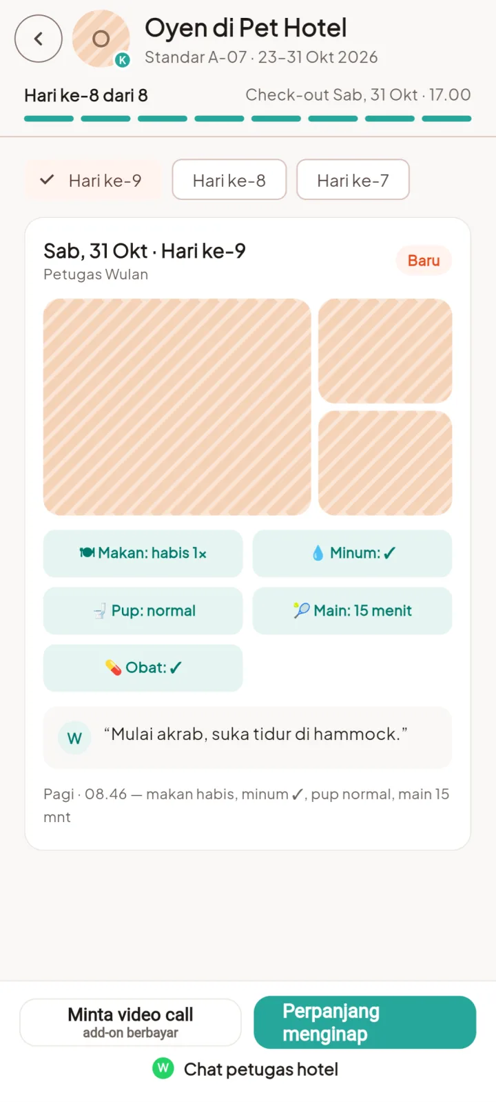 Tampilan PetPro: Laporan penitipan setiap hari, tanpa minta foto lewat chat.