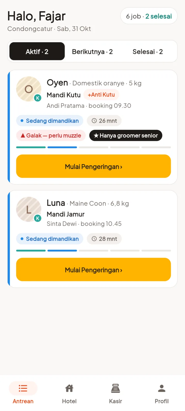 Tampilan PetPro: Groomer memindahkan tahap dengan satu ketuk.