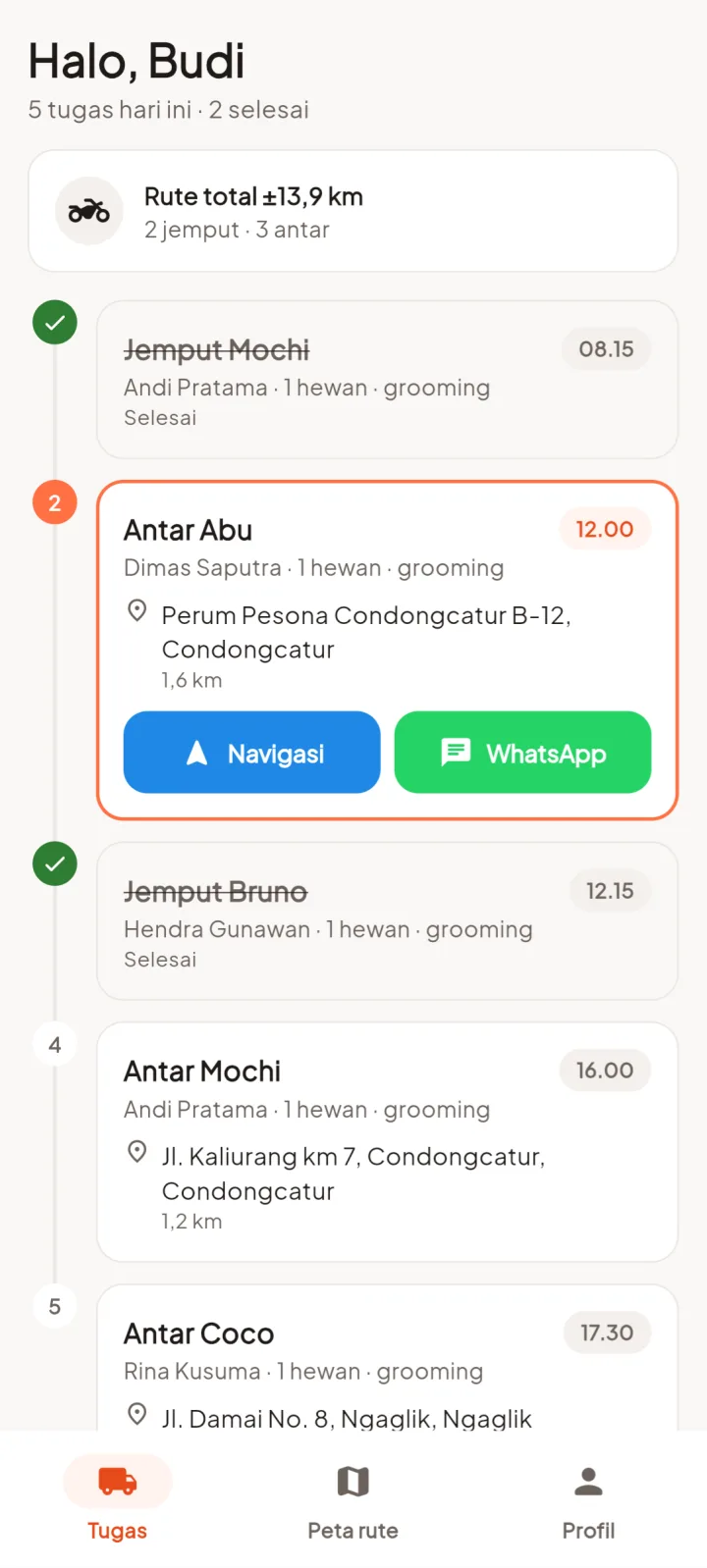 Tampilan PetPro: Jadwal jemput dan antar hewan untuk driver.
