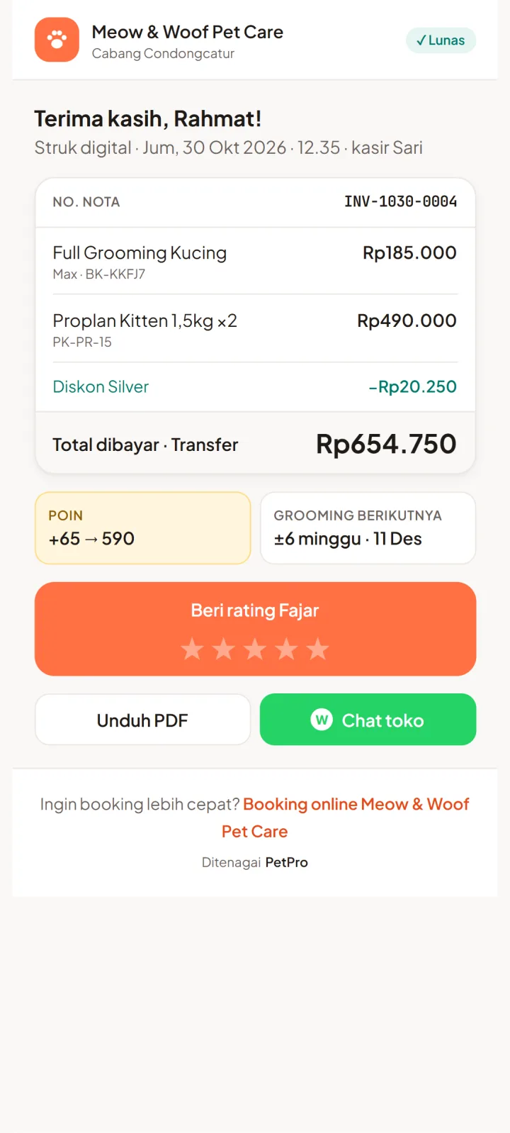 Tampilan PetPro: Grooming, penitipan, dan produk dalam satu nota.