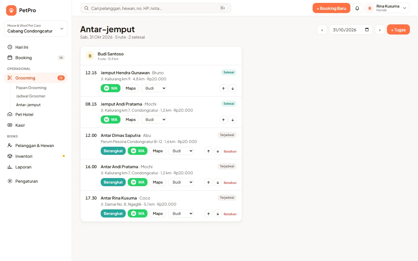 Tampilan PetPro: Jadwal jemput dan antar hewan untuk driver.
