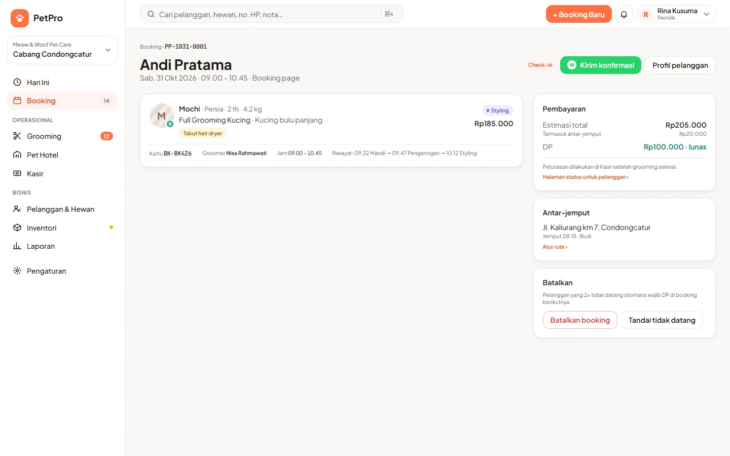 PetPro — booking detail, dashboard web