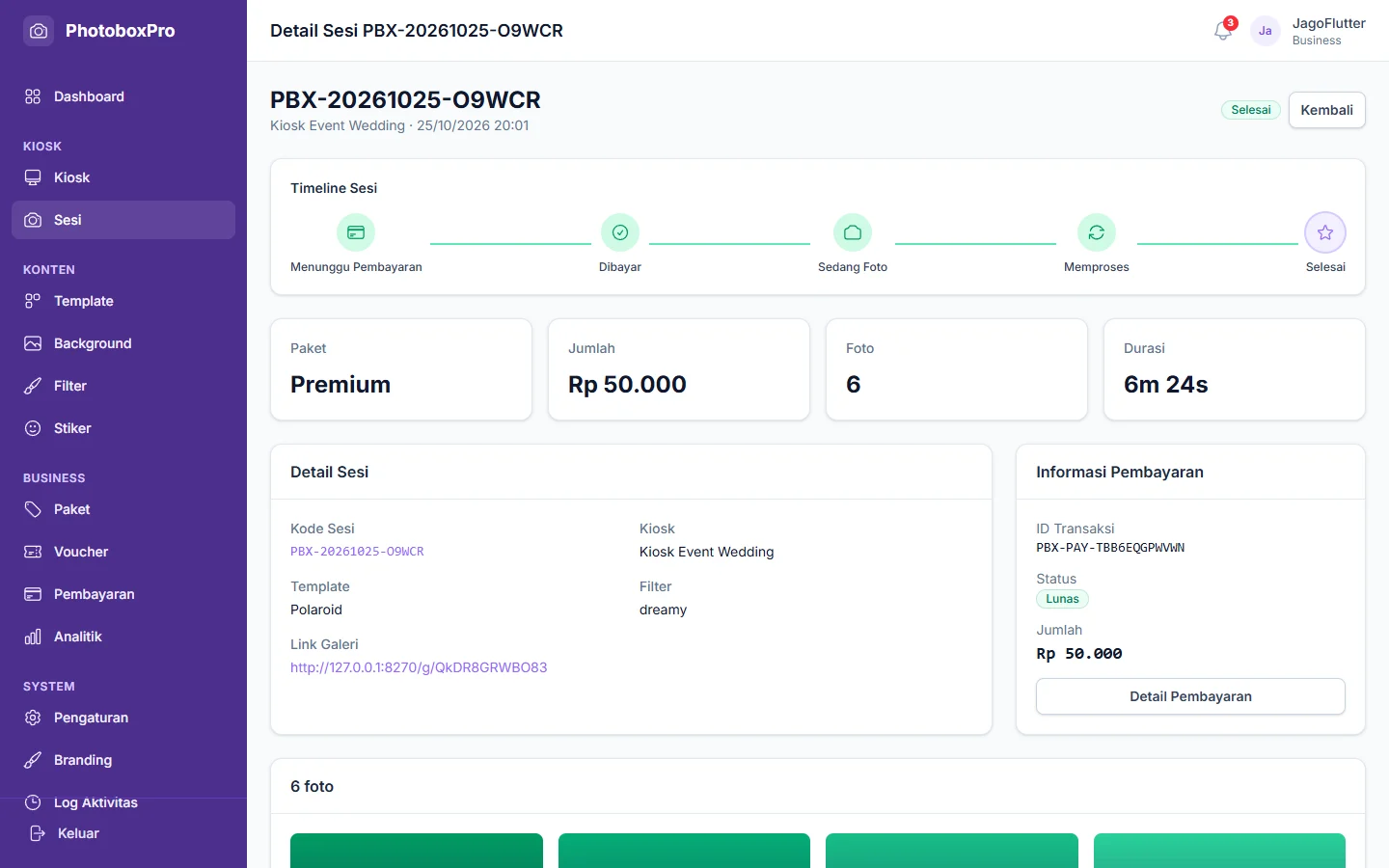 PhotoboxPro — detail sesi, dashboard web