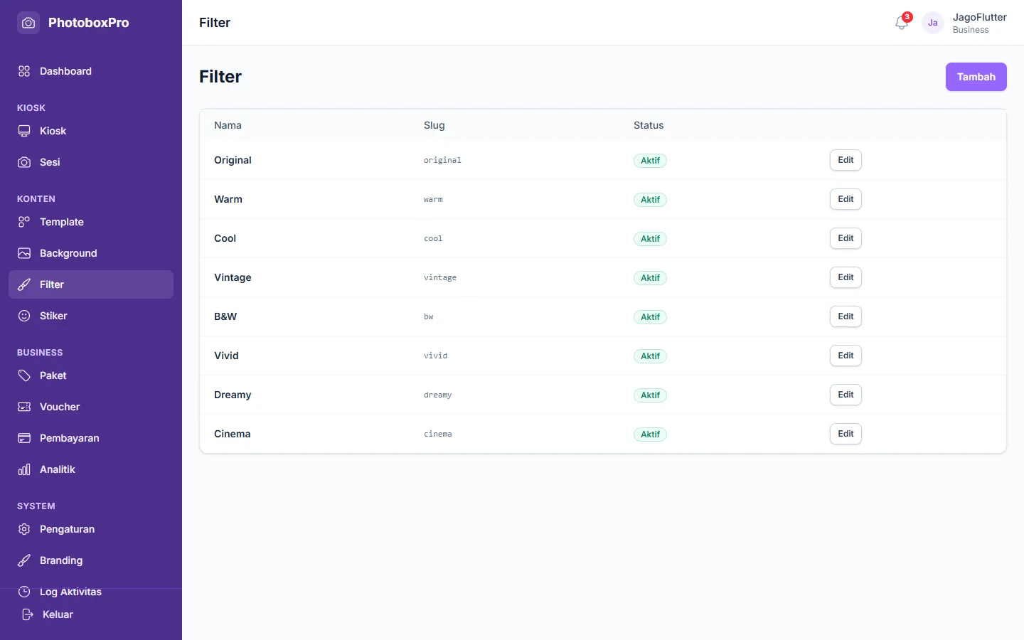 PhotoboxPro — filter, dashboard web