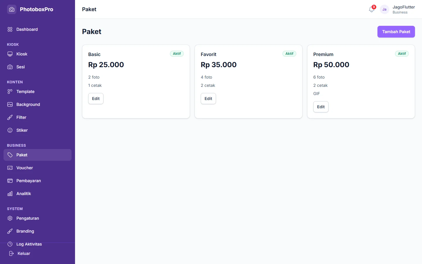 PhotoboxPro — paket, dashboard web