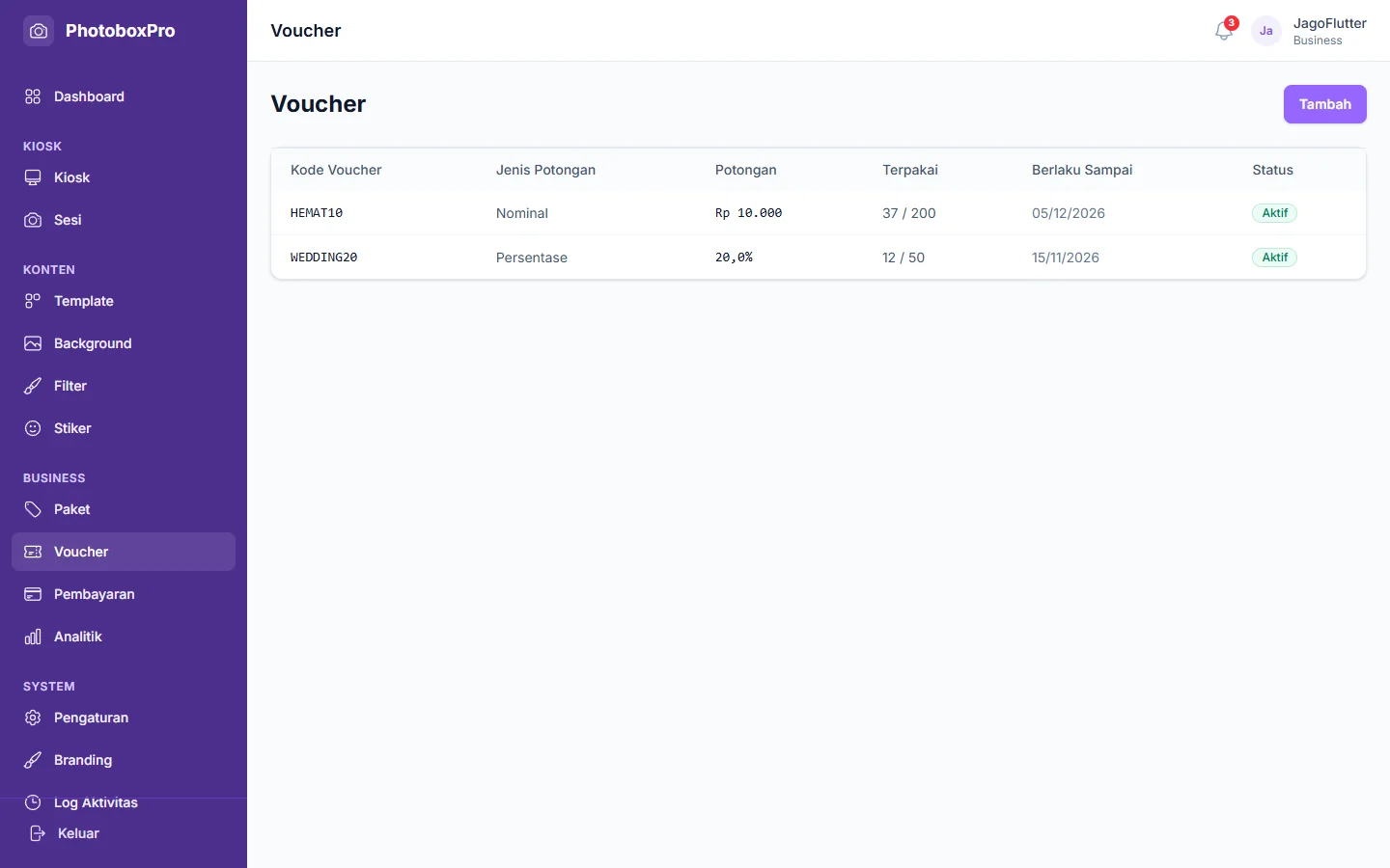 PhotoboxPro — voucher, dashboard web
