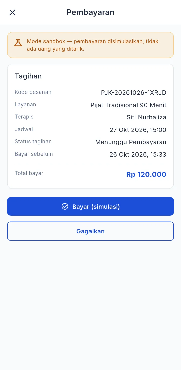 Tampilan PijatKu: Pesanan baru jalan setelah pembayaran diterima.