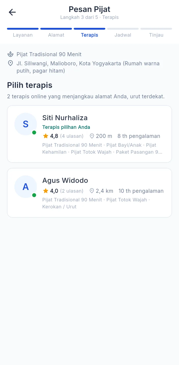 Tampilan PijatKu: Pelanggan memesan terapis ke rumah dalam lima langkah.