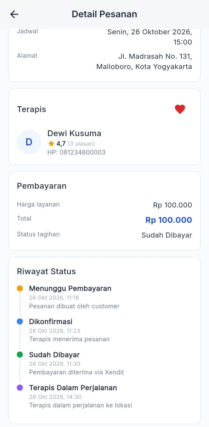 Tampilan PijatKu: Pelanggan tahu terapisnya sedang di mana dalam proses.