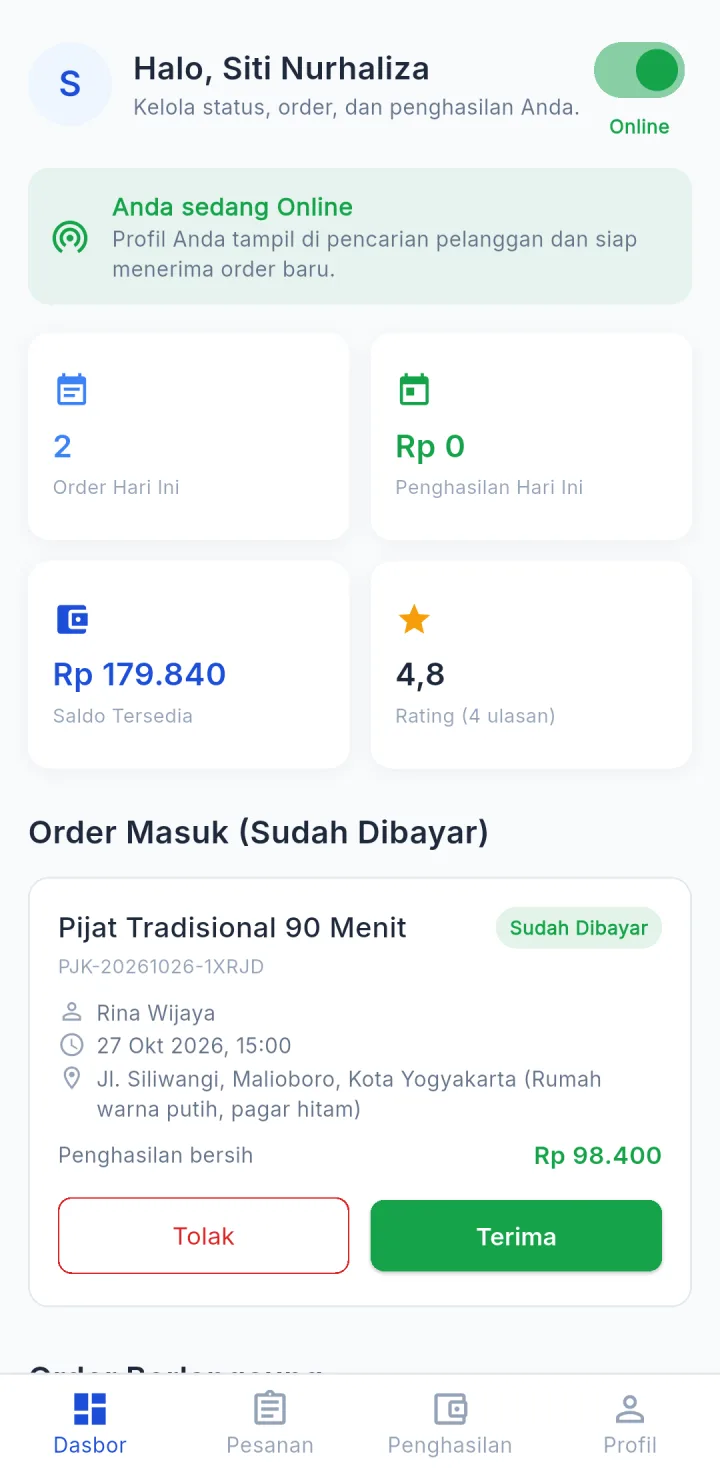 PijatKu — terapis dasbor, aplikasi HP