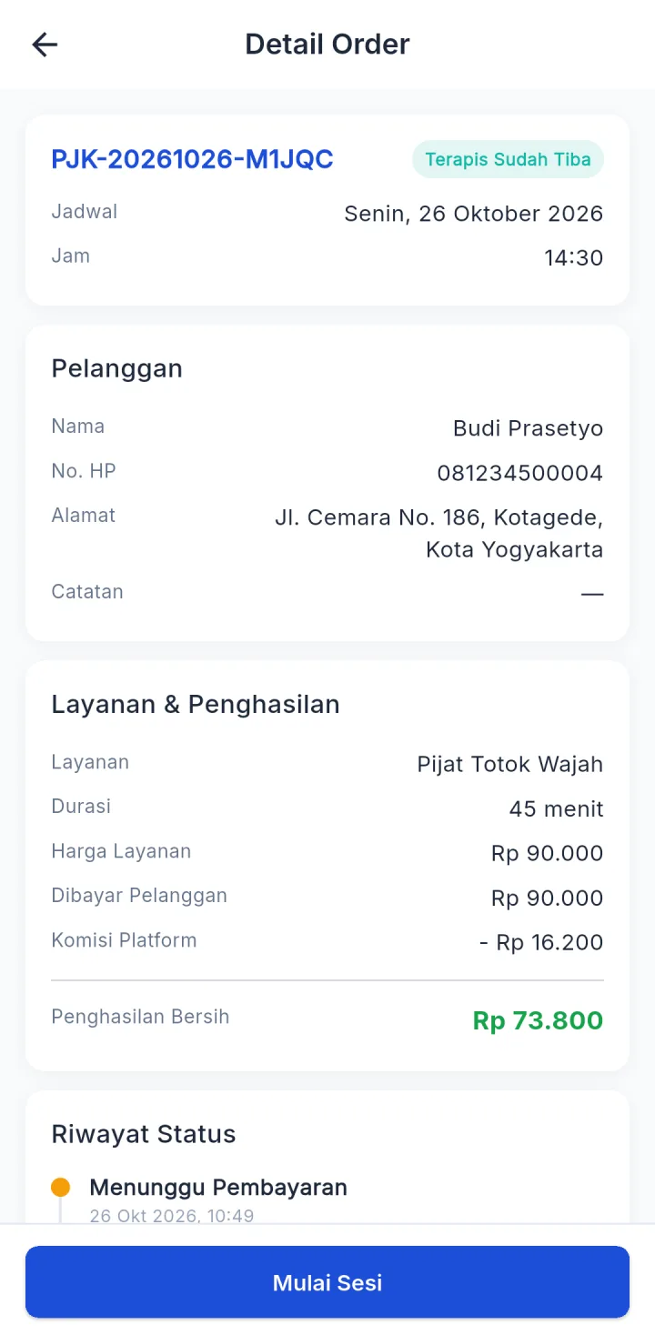 Tampilan PijatKu: Terapis mengatur order dari HP.