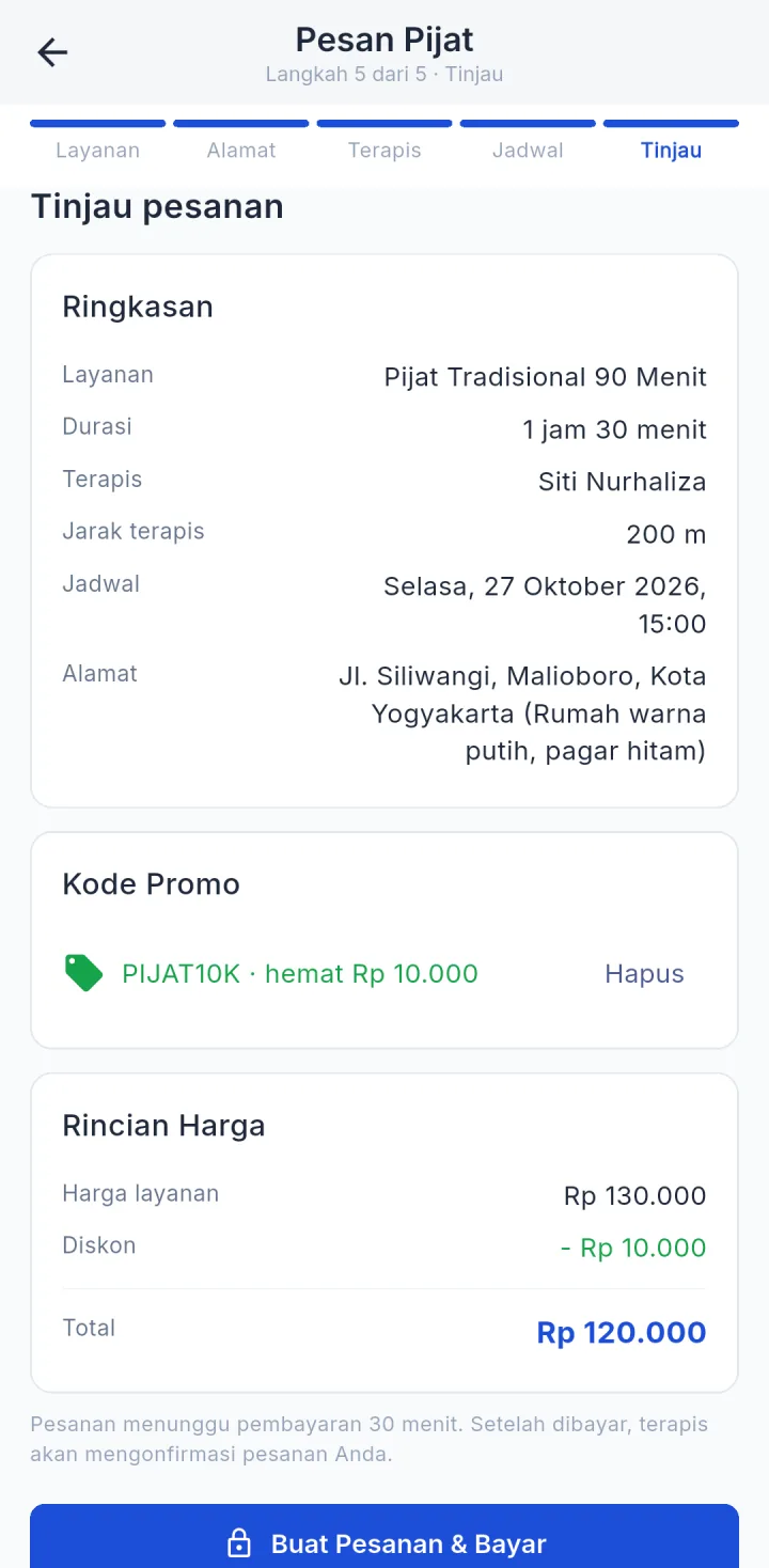 Tampilan PijatKu: Pesanan baru jalan setelah pembayaran diterima.