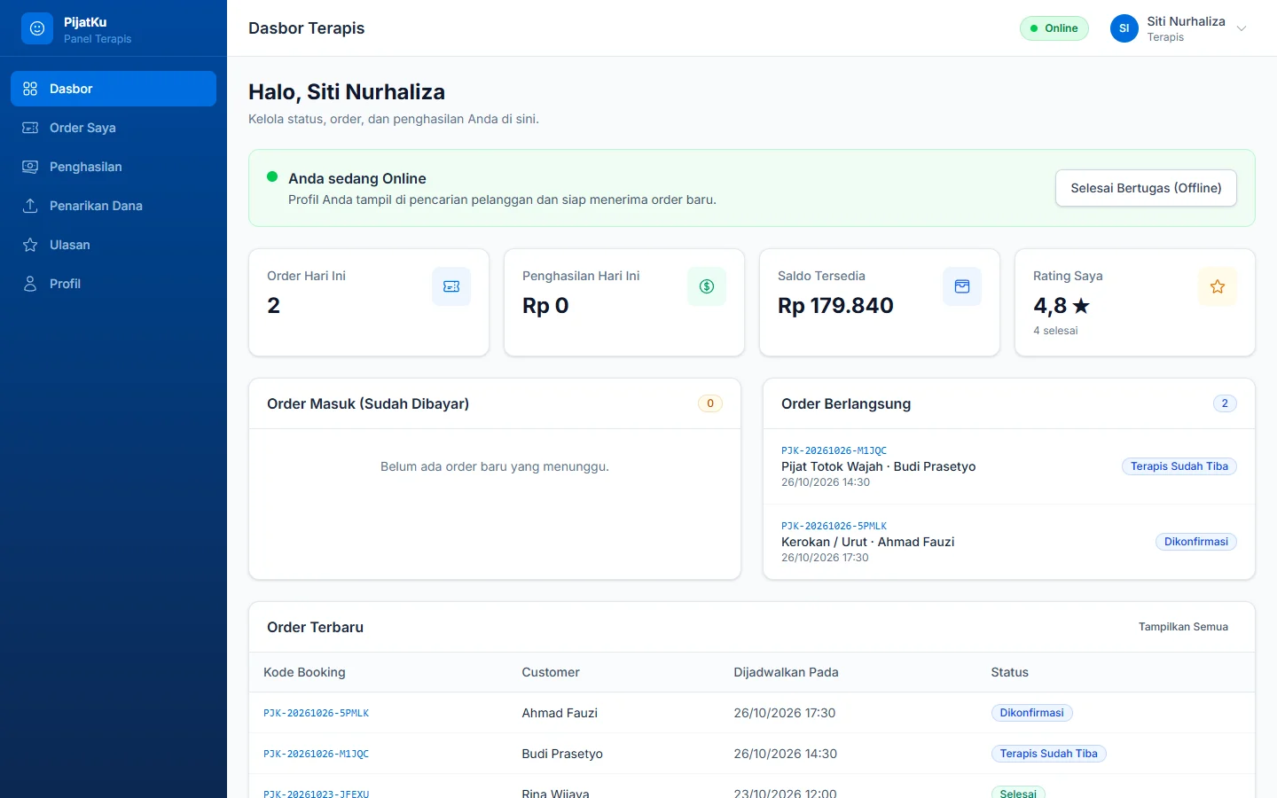 Tampilan PijatKu: Terapis mengatur order dari HP.