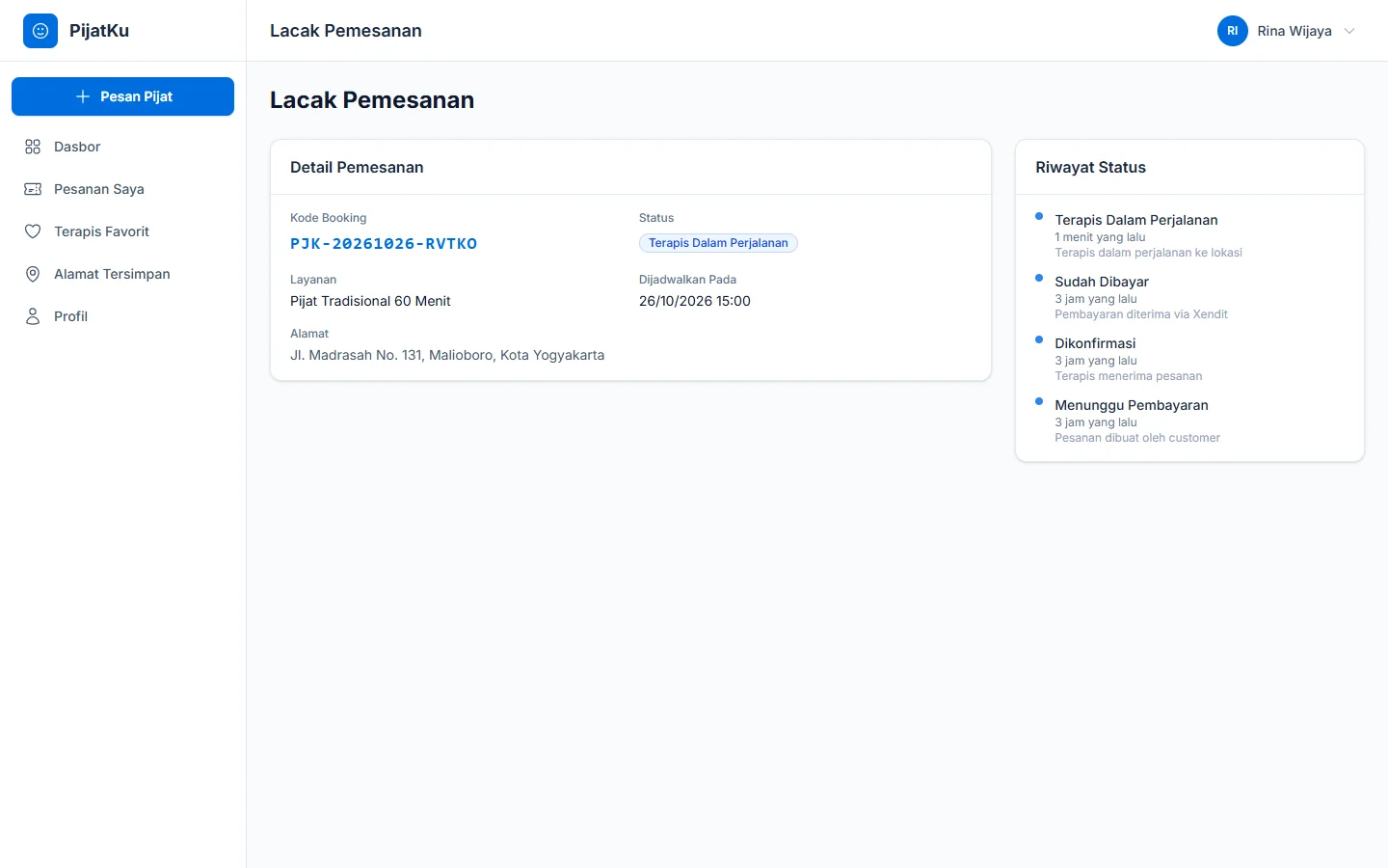 Tampilan PijatKu: Pelanggan tahu terapisnya sedang di mana dalam proses.