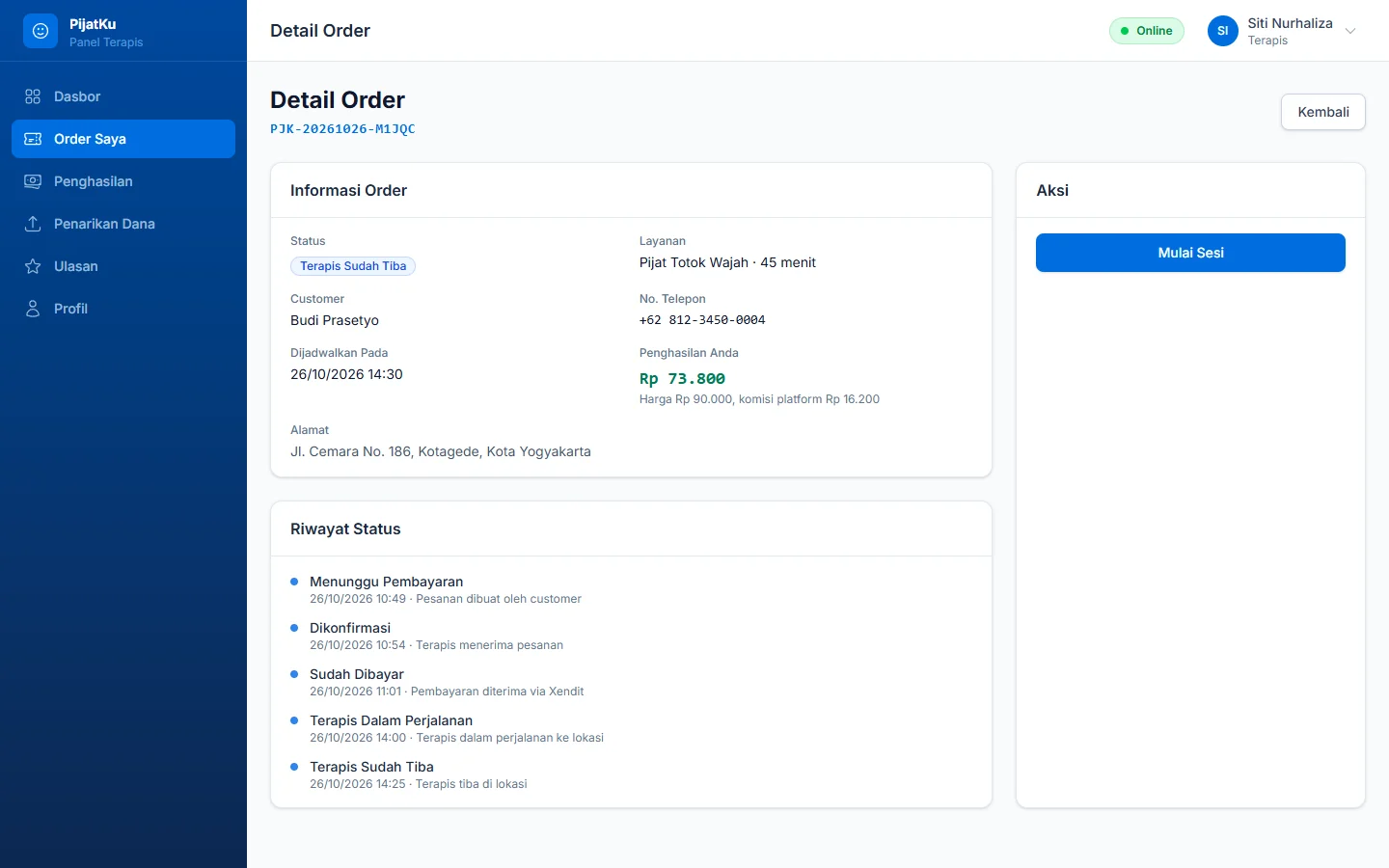 PijatKu — order terapis, dashboard web