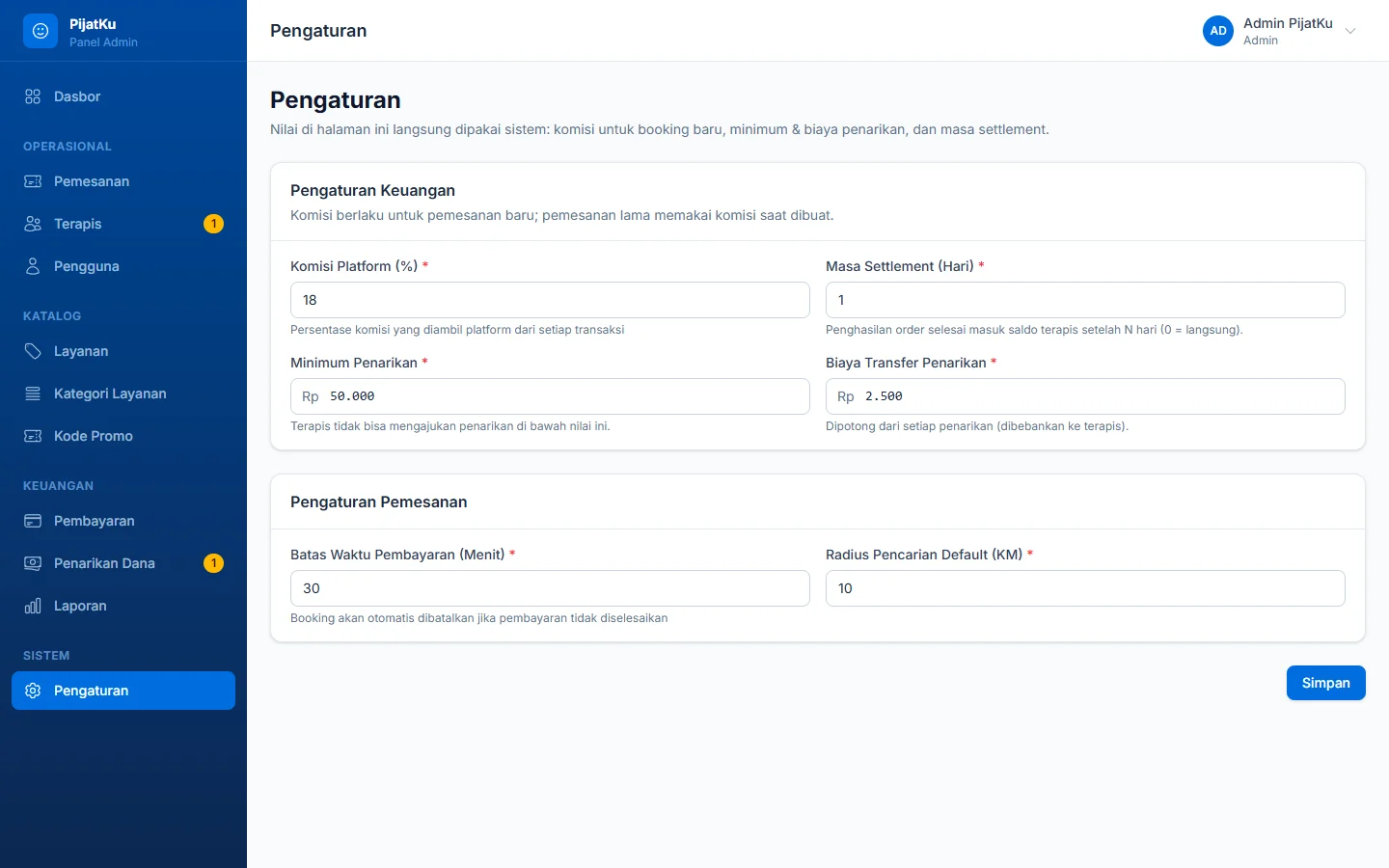 PijatKu — pengaturan, dashboard web