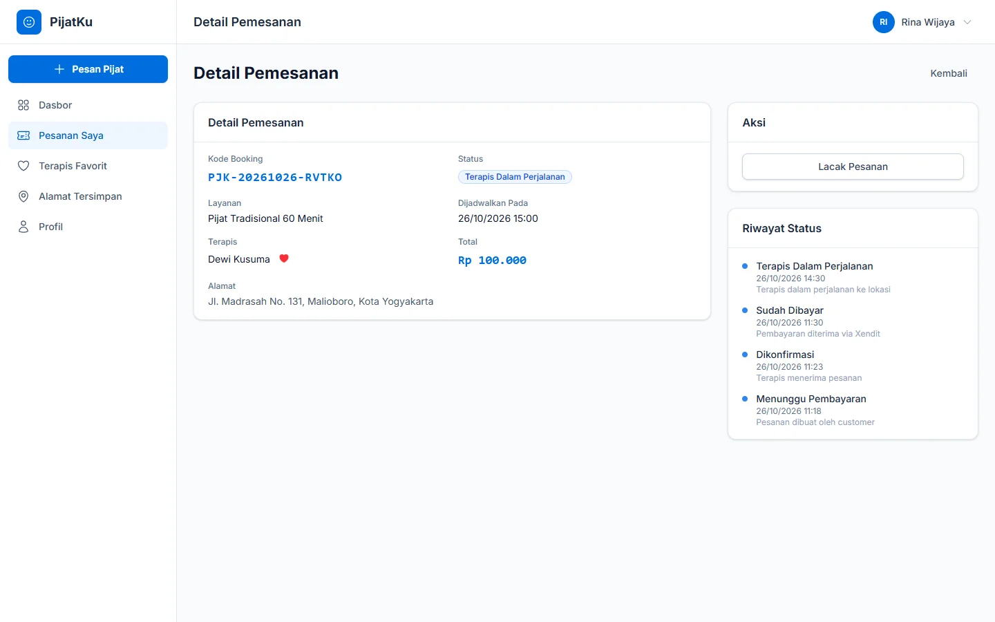 PijatKu — pesanan pelanggan, dashboard web