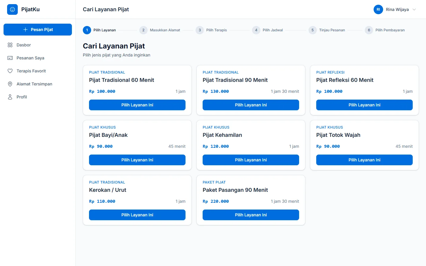 PijatKu — pilih layanan, dashboard web