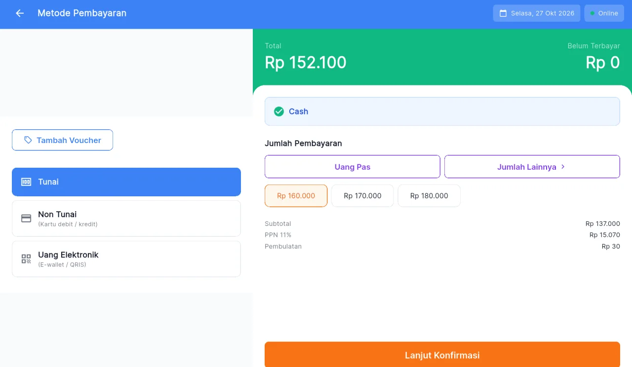 Tampilan POS Resto & Kafe: Tunai, kartu, QRIS, atau e-wallet.