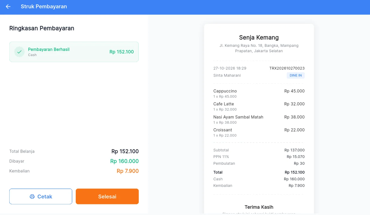 Tampilan POS Resto & Kafe: Tunai, kartu, QRIS, atau e-wallet.