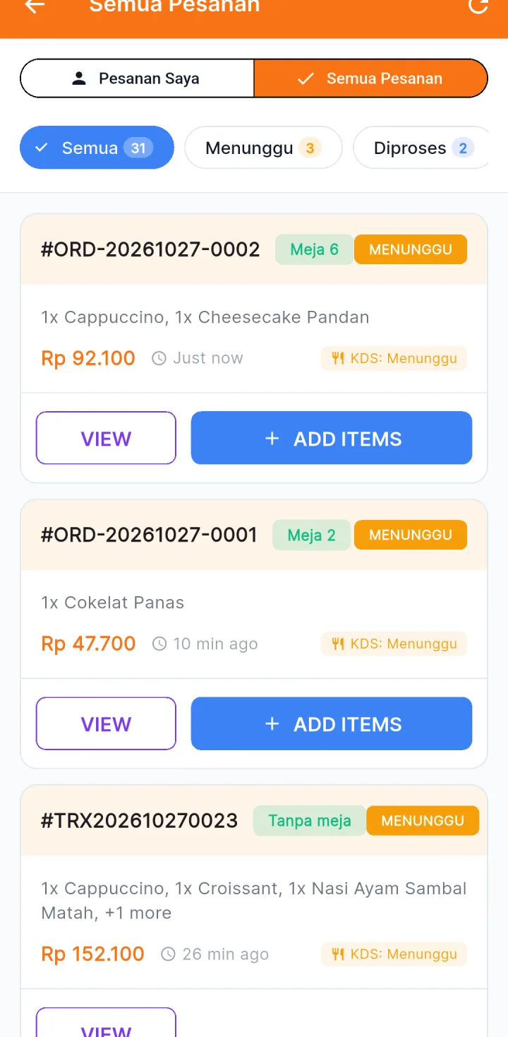 Tampilan POS Resto & Kafe: Pesanan dicek dulu, lalu langsung ke dapur.