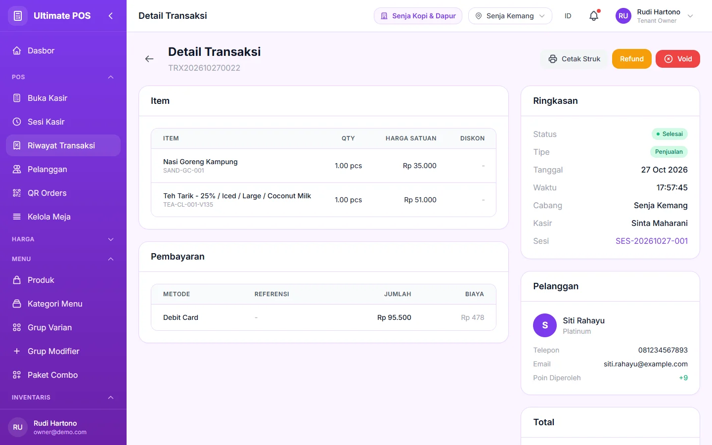 POS Resto & Kafe — detail transaksi, dashboard web