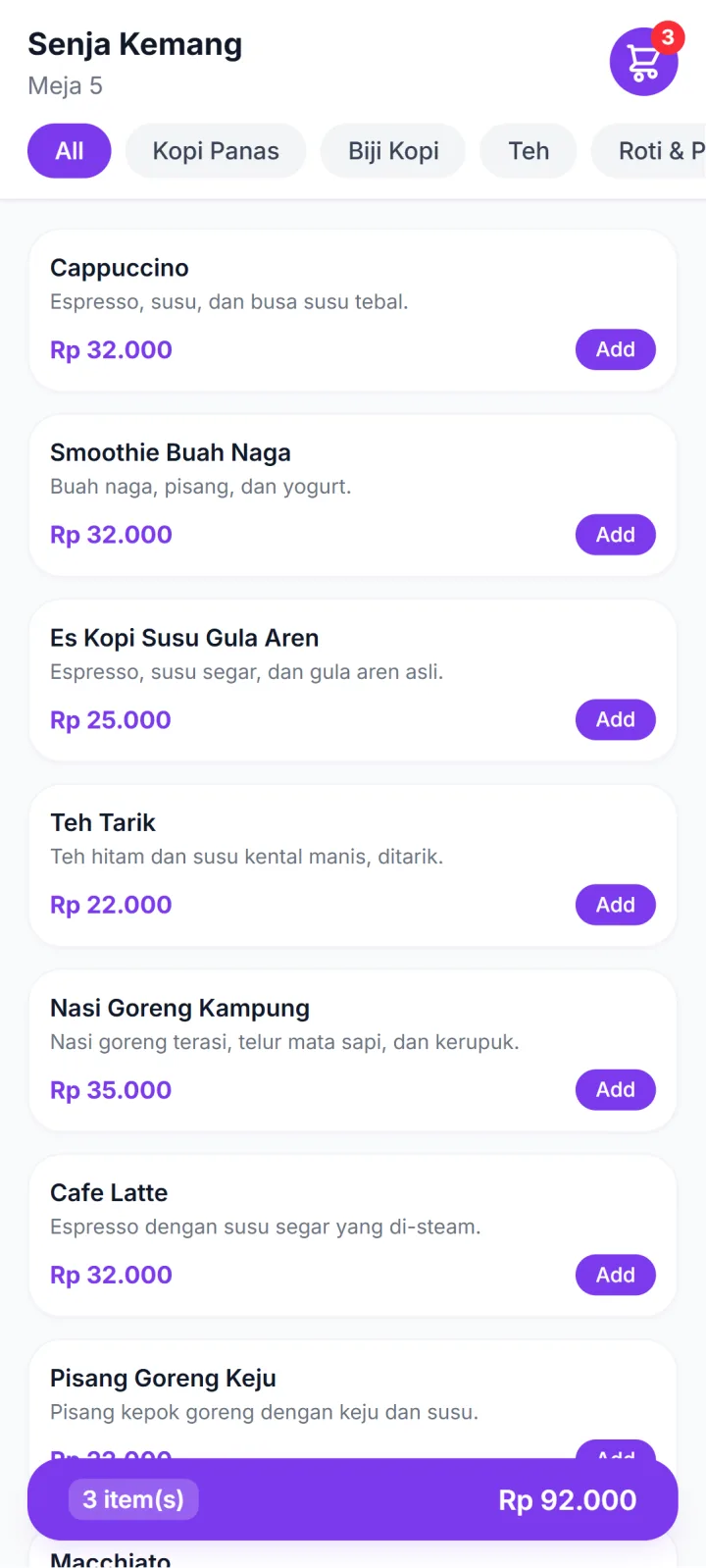 Tampilan POS Resto & Kafe: Pelanggan memesan dari HP sendiri.