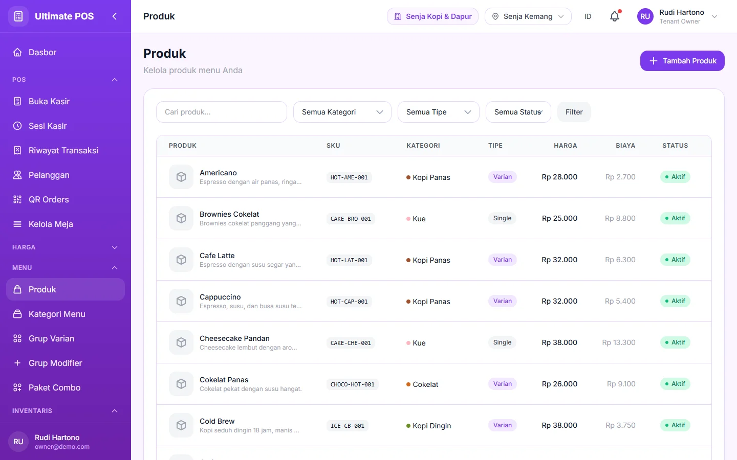 Tampilan POS Resto & Kafe: Menu, member, dan diskon diatur dari web.