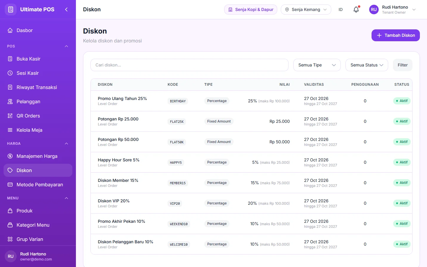 Tampilan POS Resto & Kafe: Menu, member, dan diskon diatur dari web.