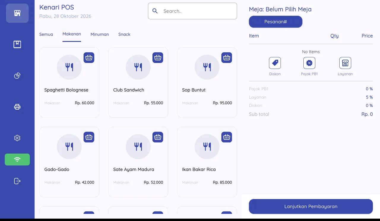Tampilan POS Resto Hotel: Pilih menu, beri catatan, lanjut bayar.